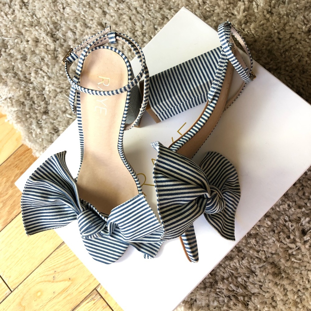 RAYE Navy and White Striped Bow Block Heel Sandals